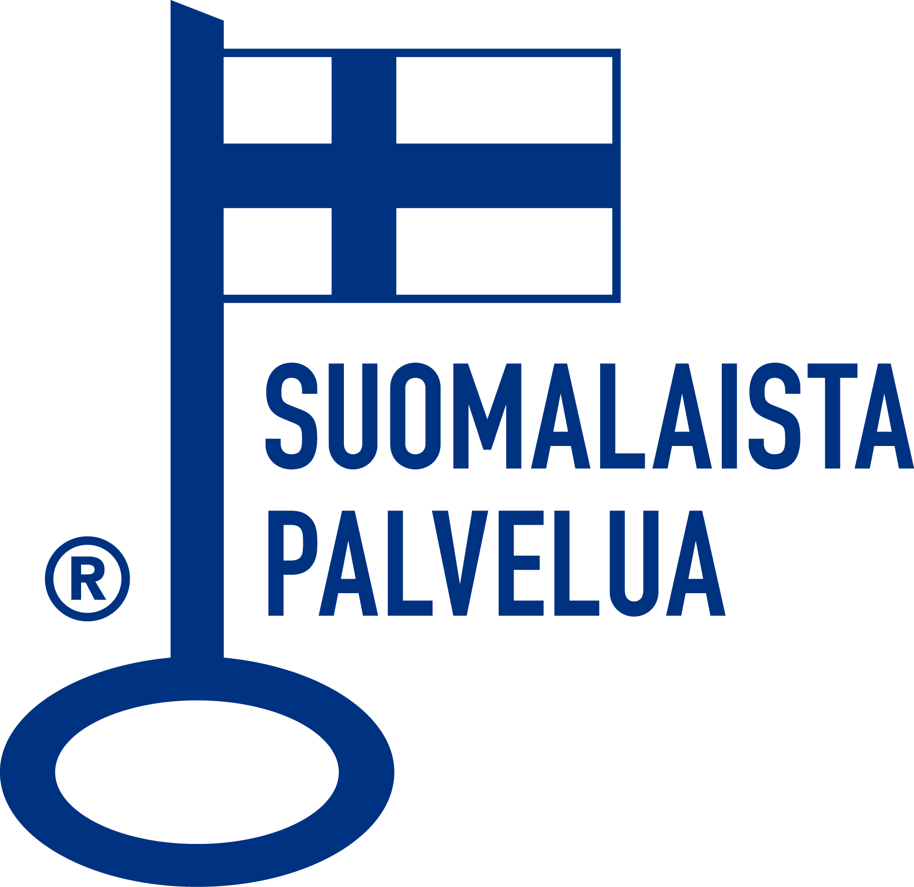 Suomalaista palvelua -avainlippumerkki: sininen avain, jonka varressa on Suomen lippu