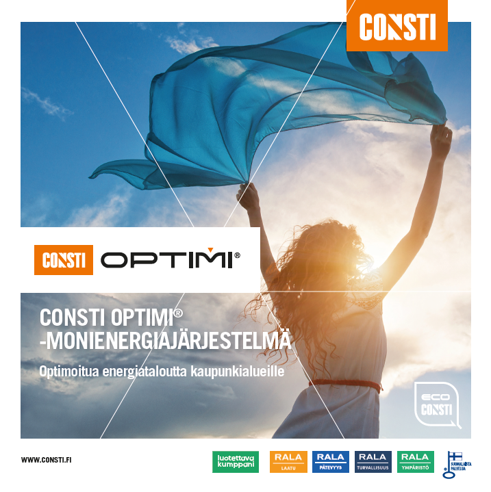 Consti Optimi -monienergiajärjestelmän esitteen kansi: nainen pitelee sinistä huivia tuulessa auringonvalossa