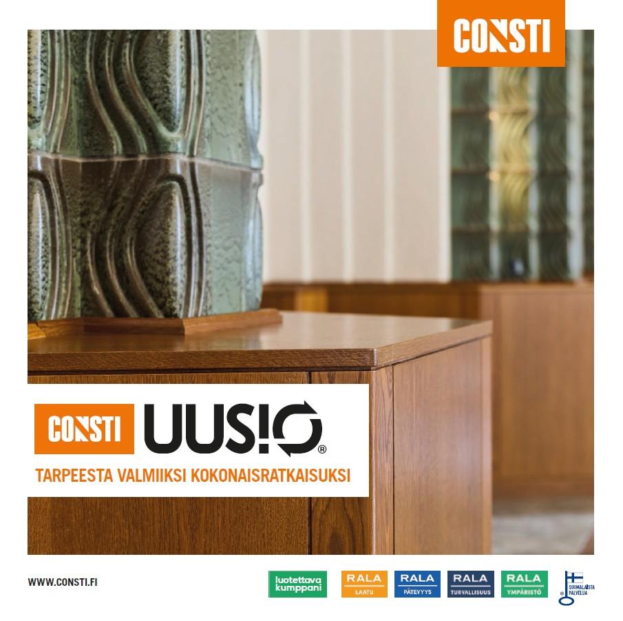 Consti Uusio -esitteen kansi: vihreä kaakeloitu pylväs ja tammipintainen kaluste entisöidyssä sisätilassa