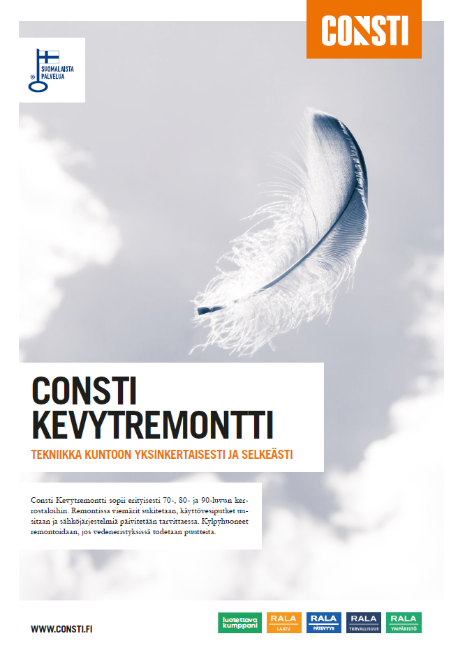 Consti Kevytremontti -esitteen kansi: valkoinen höyhen leijuu pilvistä taivasta vasten