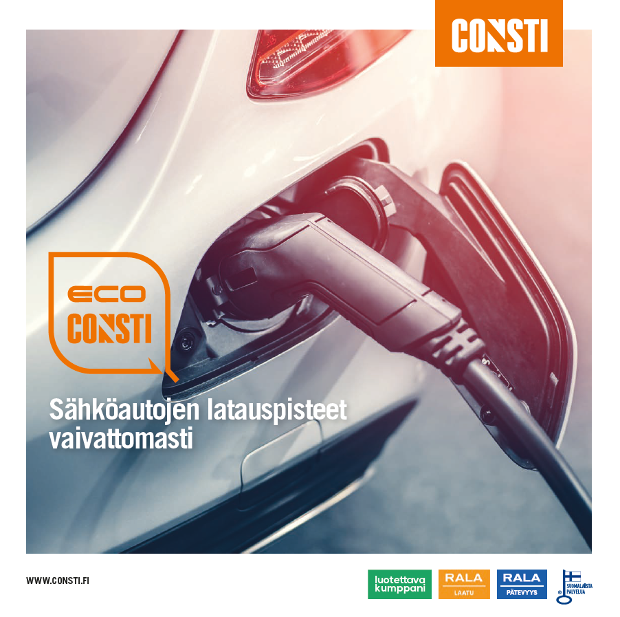 Sähköautojen latauspisteet vaivattomasti -esitteen kansi: latauskaapeli kytkettynä valkoiseen sähköautoon